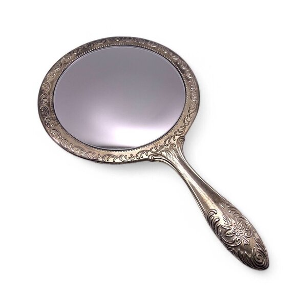 Antique Ornate Silver Handheld Vanity Mirror With Floral Engraving Etched Handle - Picture 1 of 11